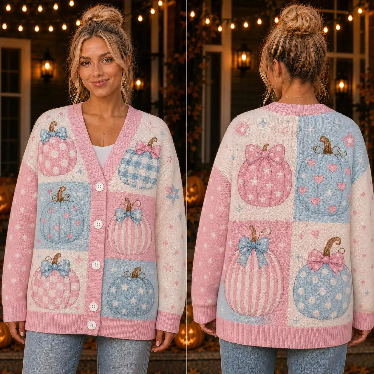 Pastel Patchwork Pumpkin Cardigan, Pink Blue Checkered Halloween Sweater, Cute Gingham Fall Knit Cardigan for Women
