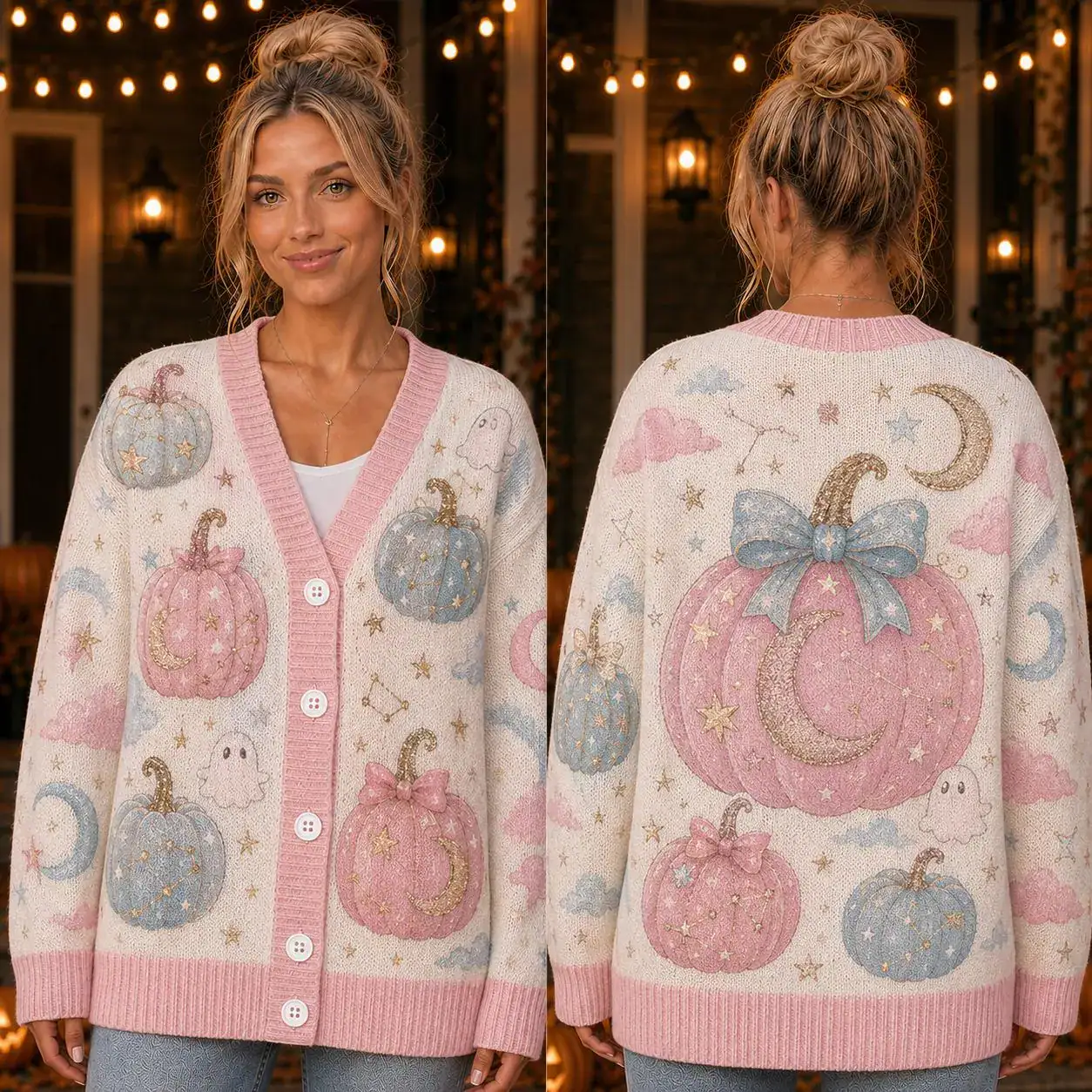 Celestial Pumpkin Cardigan, Moon Star Halloween Sweater, Pastel Pink Blue Witchy Knit Cardigan, Cute Cosmic Fall Outfit