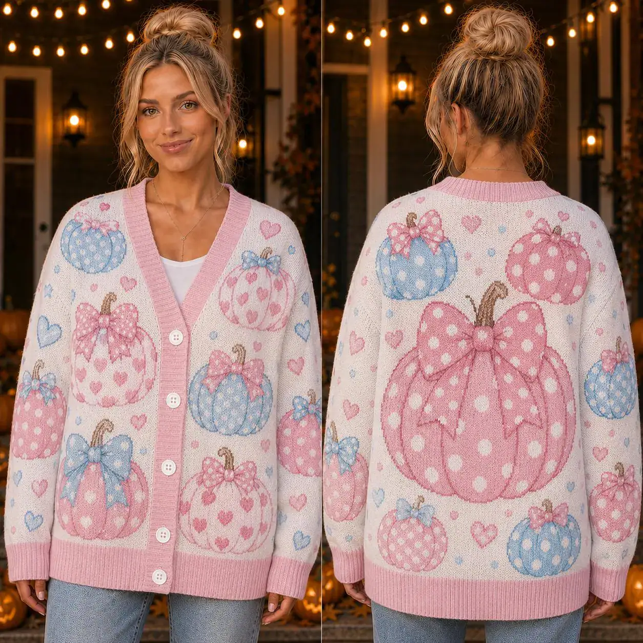 Polka Dot Pumpkin Cardigan, Pink Blue Bow Halloween Sweater, Cute Coquette Pumpkin Knit Cardigan, Pastel Fall Outfit