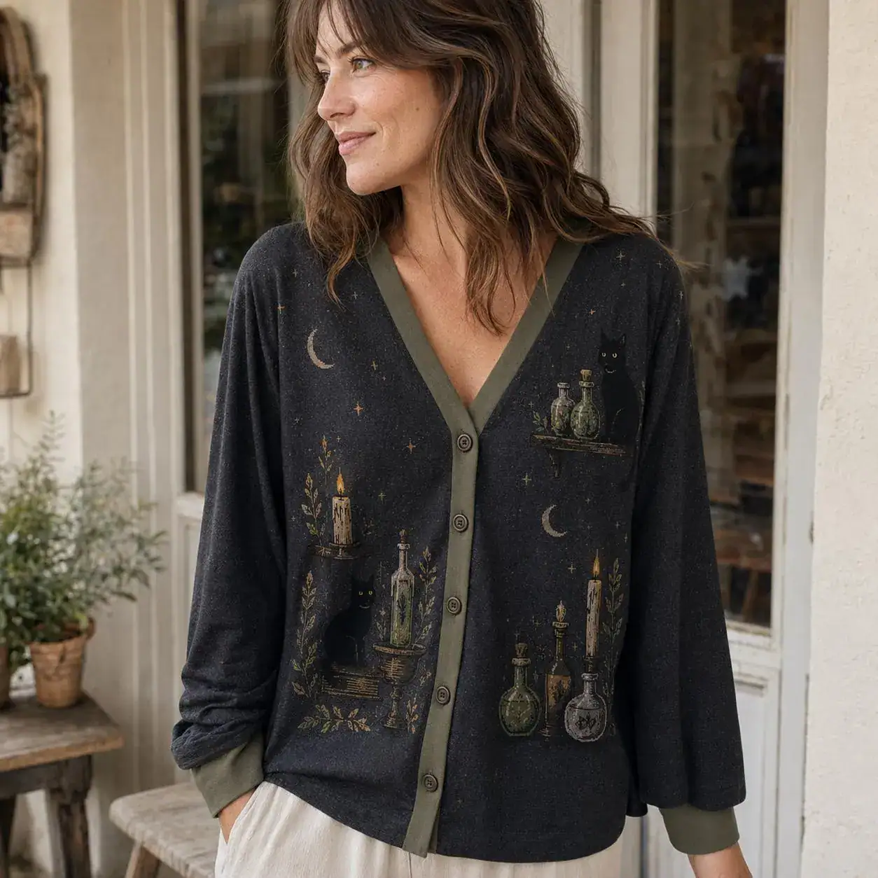 Black Cat Apothecary Cardigan, Potion Bottle Moon Design, Witchy Botanical Sweater, Dark Academia Halloween Outfit for Fall