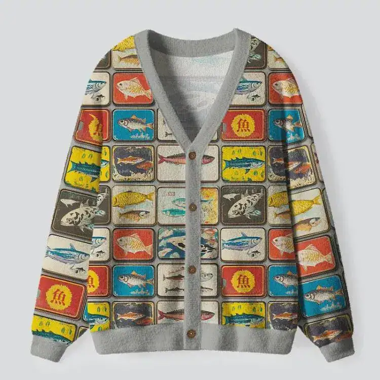 Vintage Fish Pattern Cardigan, Grandpacore Sweater, Retro Japanese Graphic Knitwear, Quirky Eclectic Clothing, Indie Streetwear Cardigan
