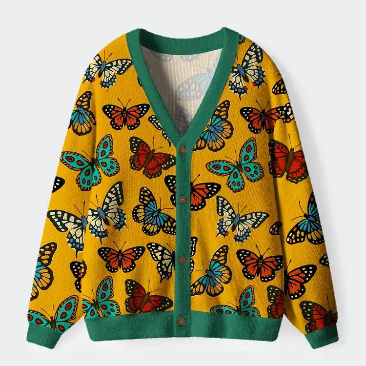 Vintage Butterfly Cardigan, Cottagecore Yellow Knit Sweater, Retro Nature Lover Gift, Boho Fall Jacket, Fairycore V-Neck Y2K Clothing