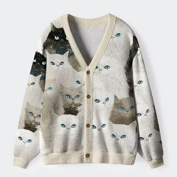 Fluffy Blue Eyed Cat Cardigan, Vintage Persian Cat Knit Sweater, Coquette Aesthetic Clothes, Cute Cottagecore Sweater, Soft Girl Knitwear