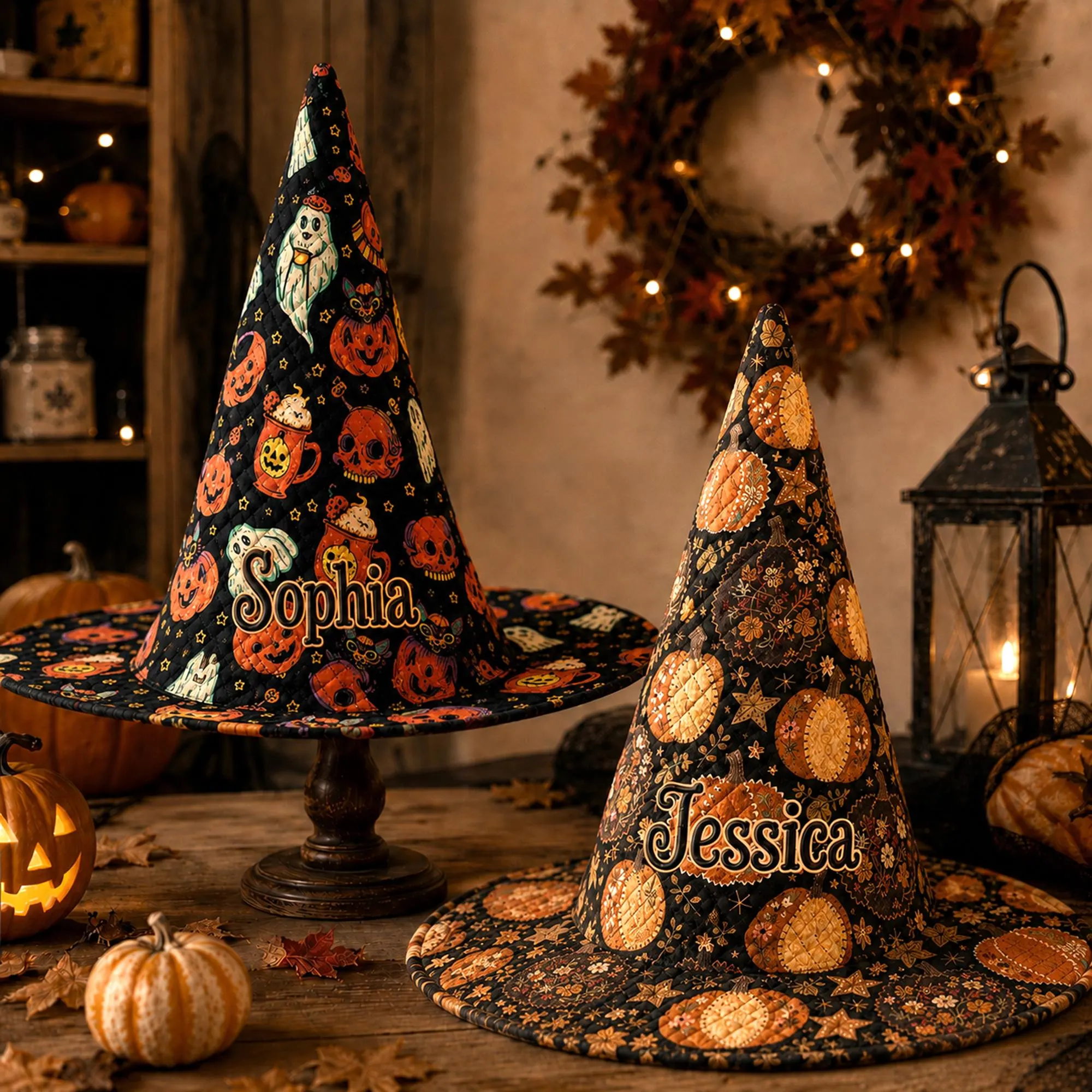 Personalized Pumpkin Witch Hat, Fall Pumpkin Witch Hat, Custom Cottagecore Autumn Witchy Hat, Quilted Witch Hat for Women, Halloween Gift