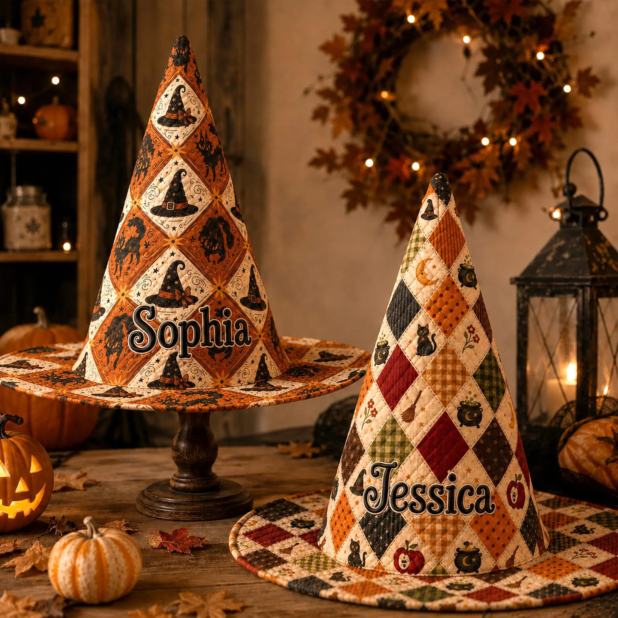 Personalized Witch Hat Decor, Primitive Quilted Halloween Hat, Custom Name Fall Table Decor, Rustic Black Cat Witch Hat, Farmhouse Gift