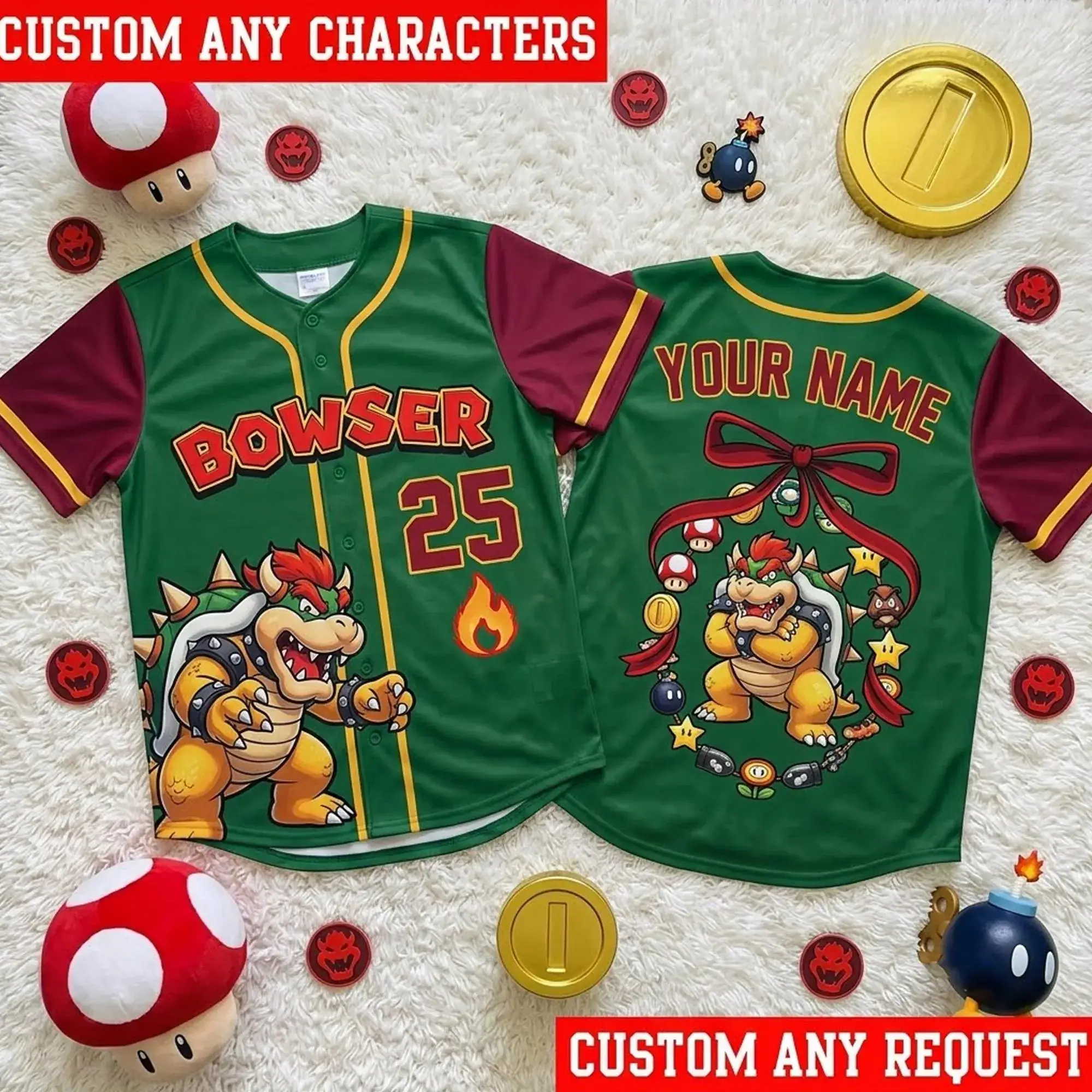 Personalized Bowser Baseball Jersey, Custom Super Mario Bowser, Bowser Bow Baseball Jersey, Gamer Birthday Gift, Family Matching Jersey