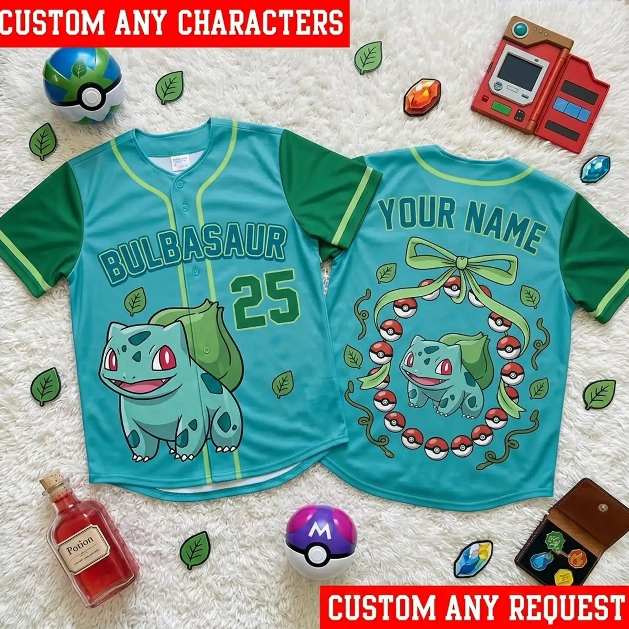 Personalized Bulbasaur Baseball Jersey, Custom Poké Baseball Shirt, Bulbasaur Bow Jersey, Poké Birthday Gift, Family Matching Jersey