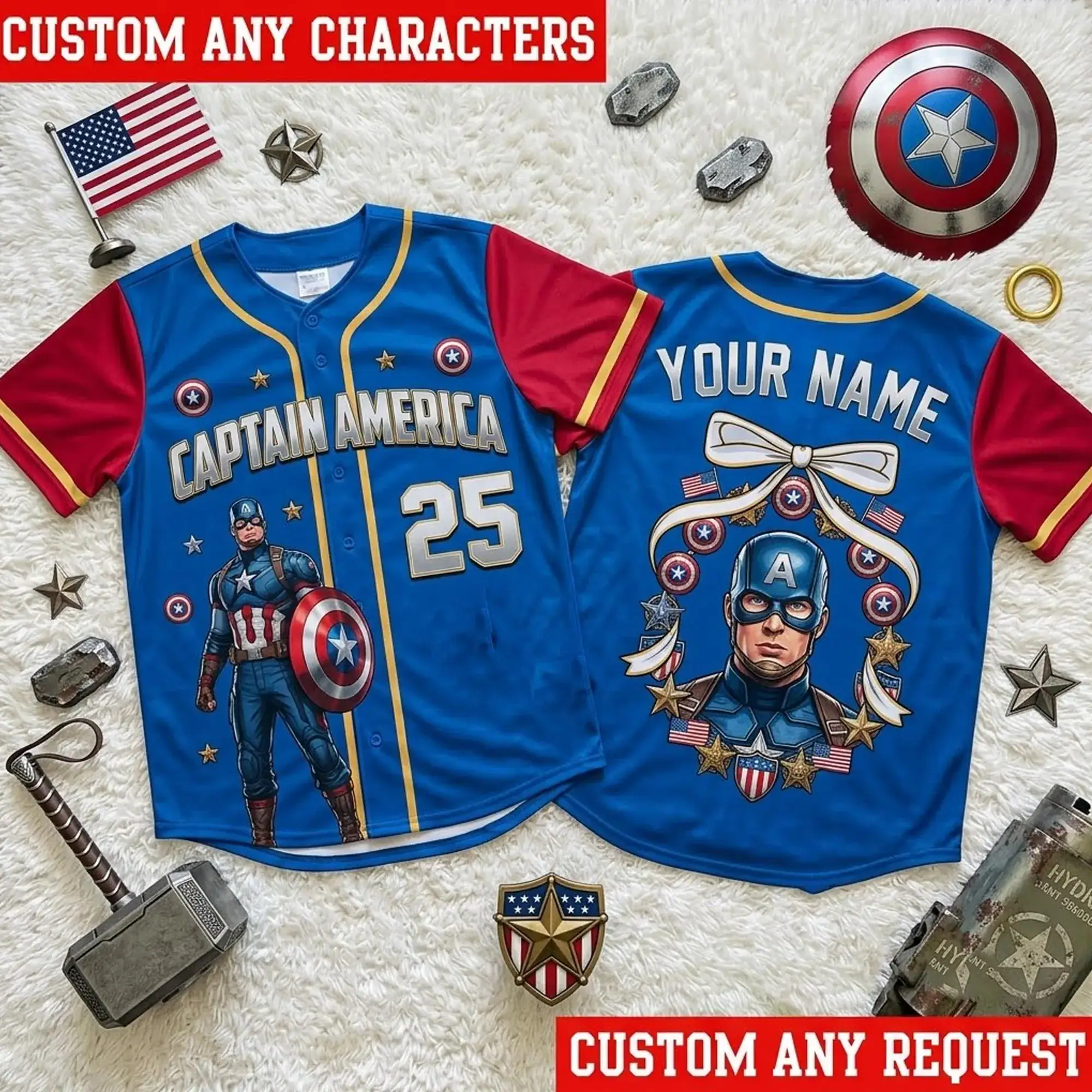 Personalized Captain America Baseball Jersey, Custom Marvel Superhero Baseball, Captain America Bow, Avengers Birthday Gift, Family Matching