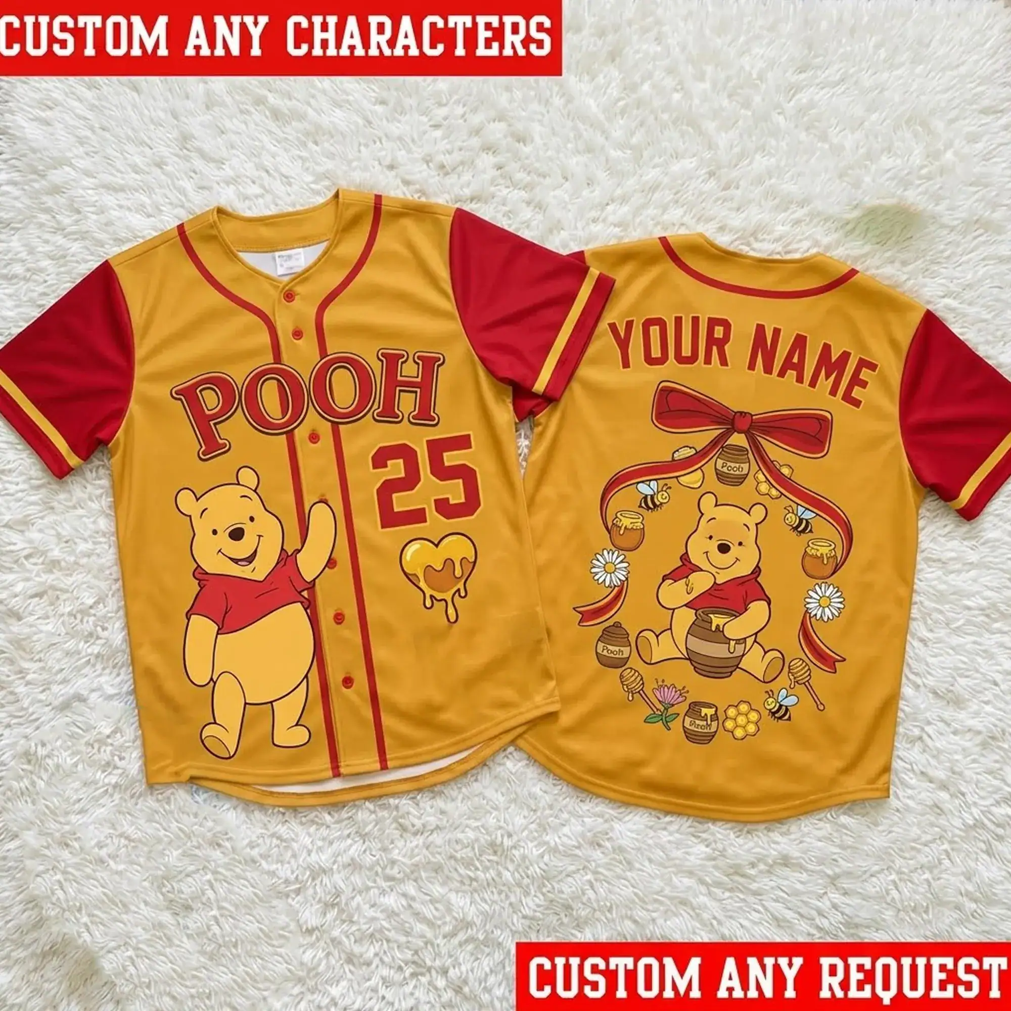 Personalized Pooh Bear Baseball Jersey, Custom Winnie the Pooh Baseball jersey, Custom Name Number Jersey, Family Matching Gift for Kids