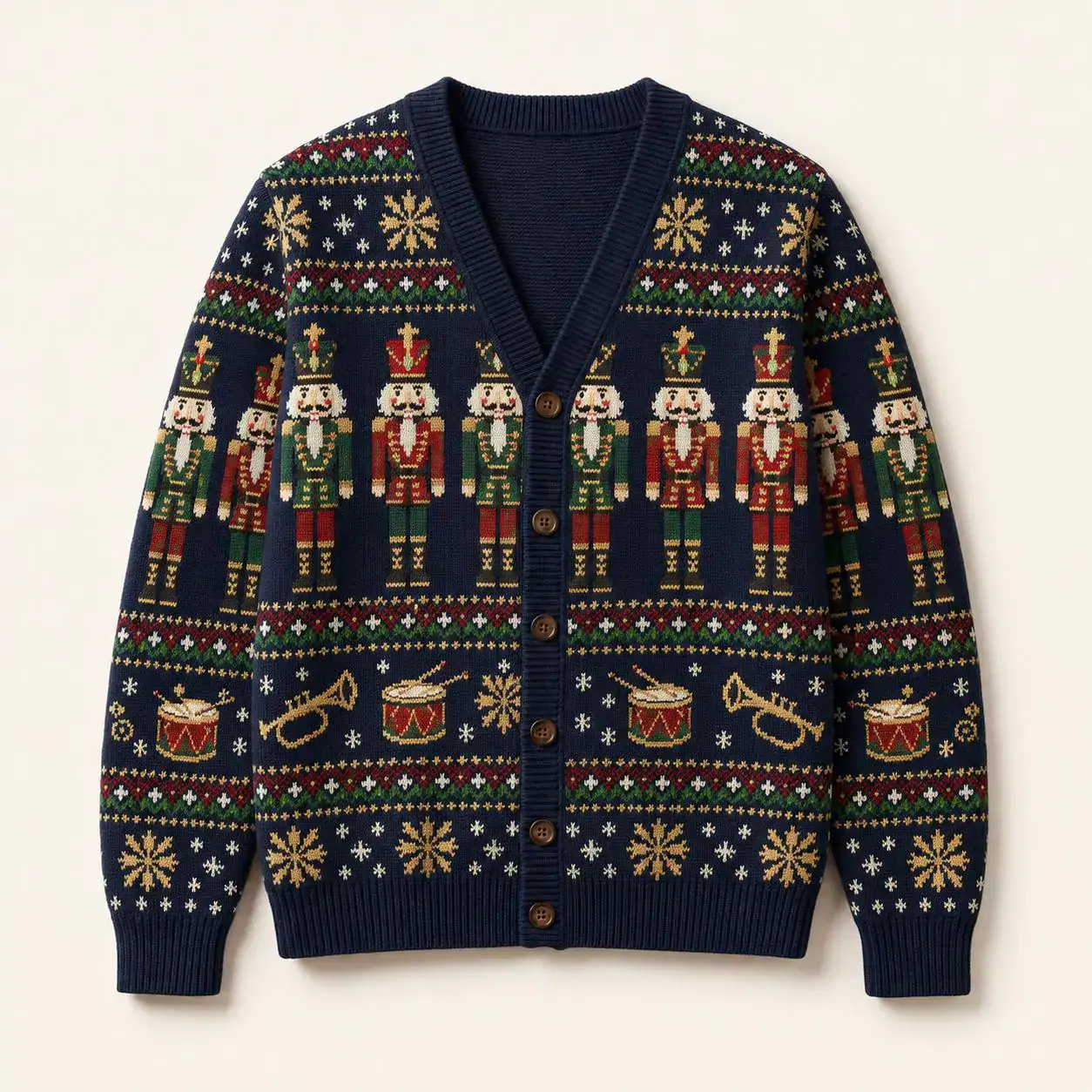 Marching Band Nutcracker Cardigan, Navy Christmas Knit Sweater, Drummer Soldier Holiday Jumper, Cozy Festive Winter Outfit - Image 3