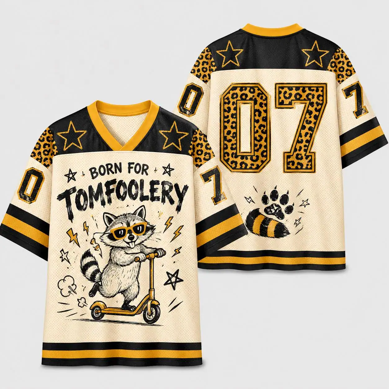 Born for Tomfoolery Raccoon Jersey, Funny Leopard Print Mesh Shirt, Number 07 Retro Animal Sports Top