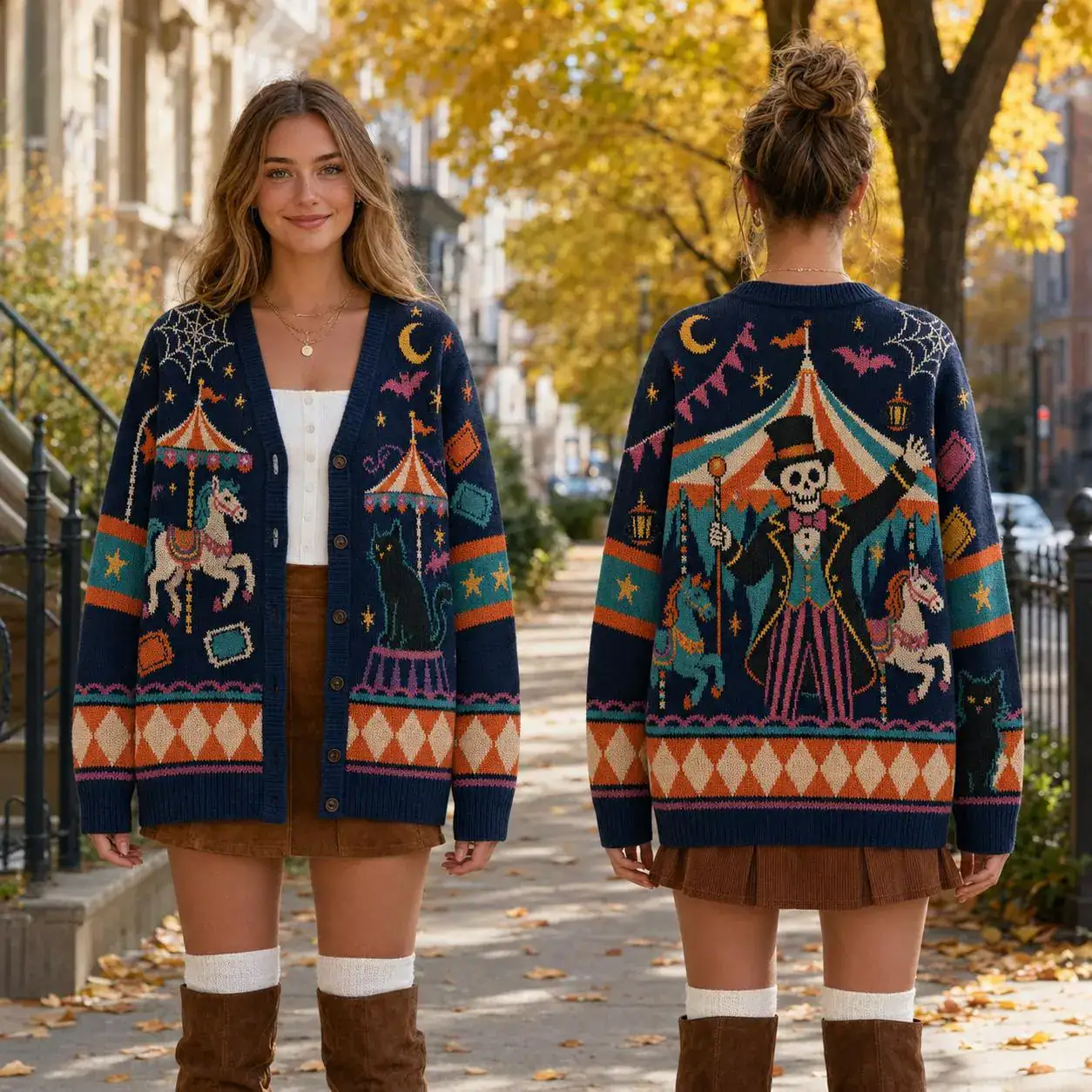 Skeleton Circus Halloween Cardigan, Navy Ringmaster Knit Sweater, Black Cat Carousel Cozy Spooky Season Outfit