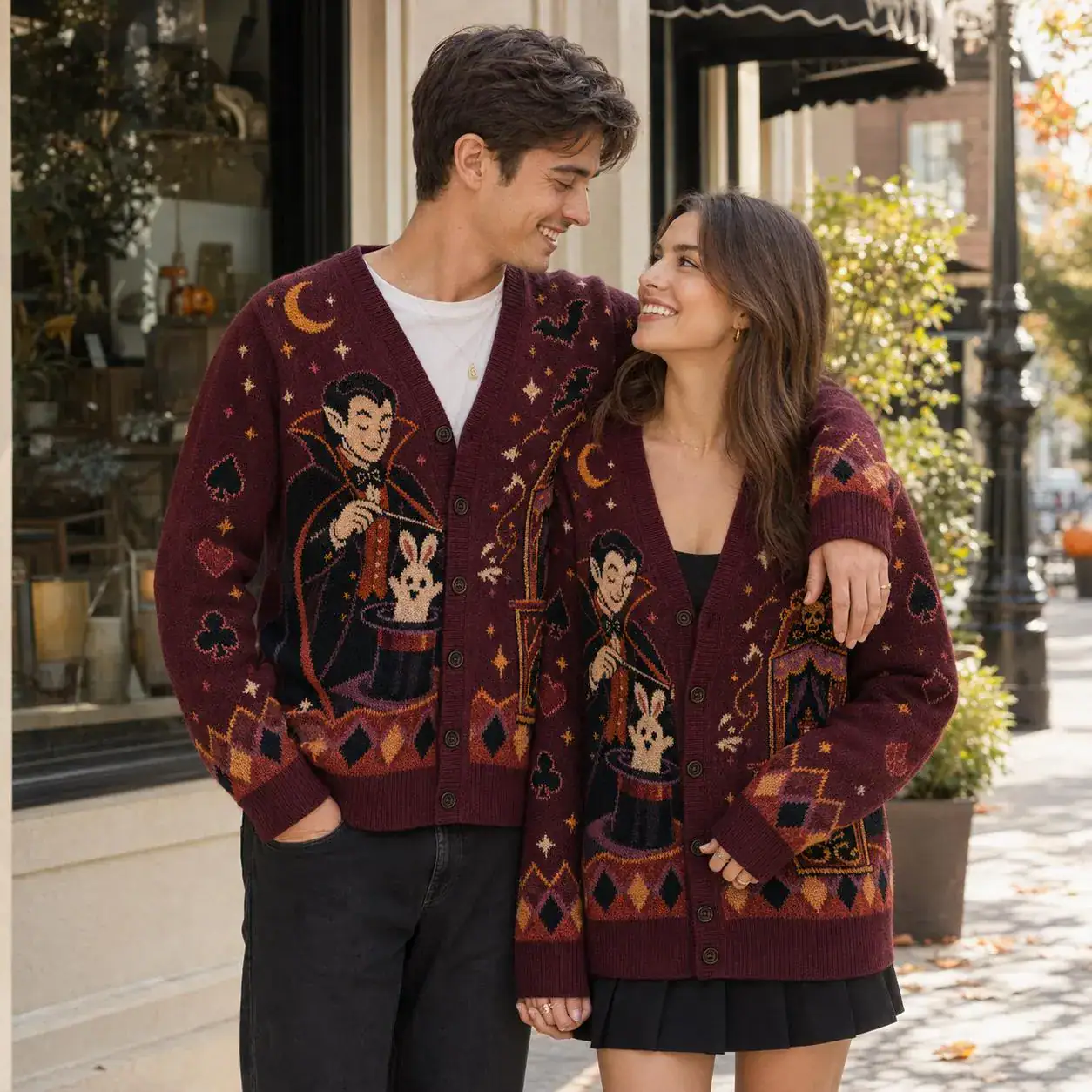 Vampire Magic Show Cardigan, Burgundy Rabbit Top Hat Halloween Knit Sweater, Gothic Circus Cozy Spooky Season Outfit - Image 3