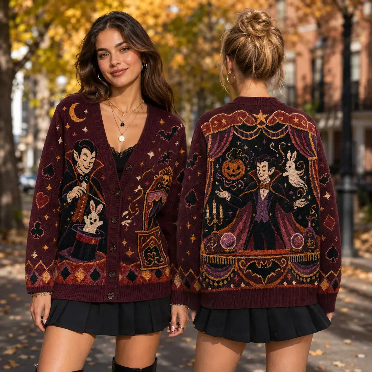 Vampire Magic Show Cardigan, Burgundy Rabbit Top Hat Halloween Knit Sweater, Gothic Circus Cozy Spooky Season Outfit - Image 2