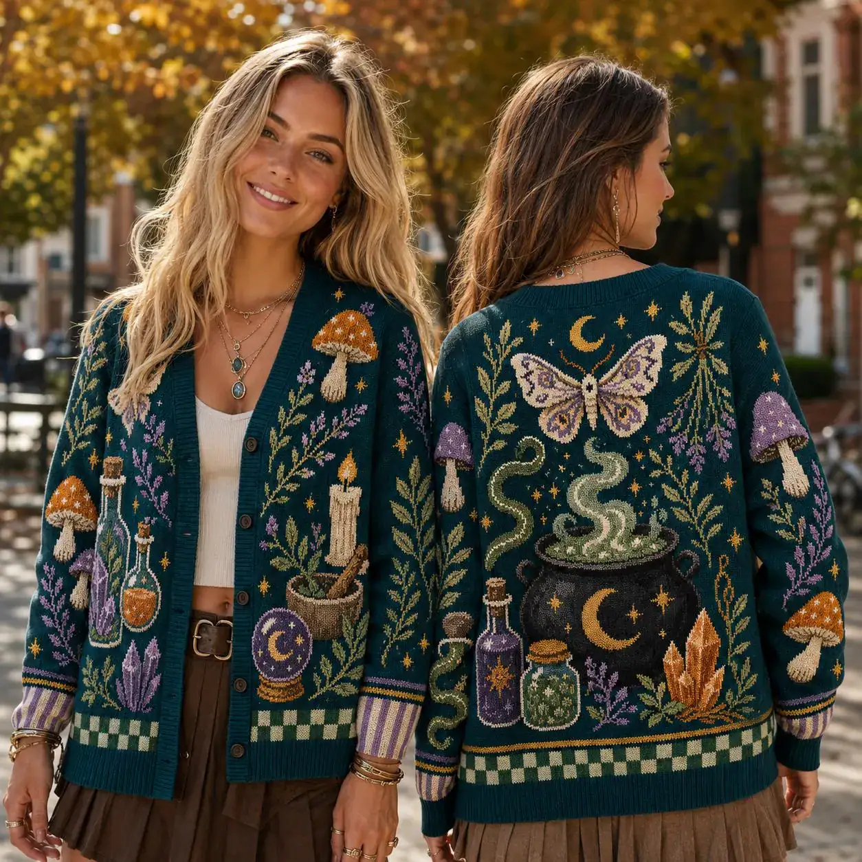 Witchy Moth Cardigan, Teal Potion Cauldron Halloween Knit Sweater, Botanical Mushroom Cozy Spooky Season Outfit