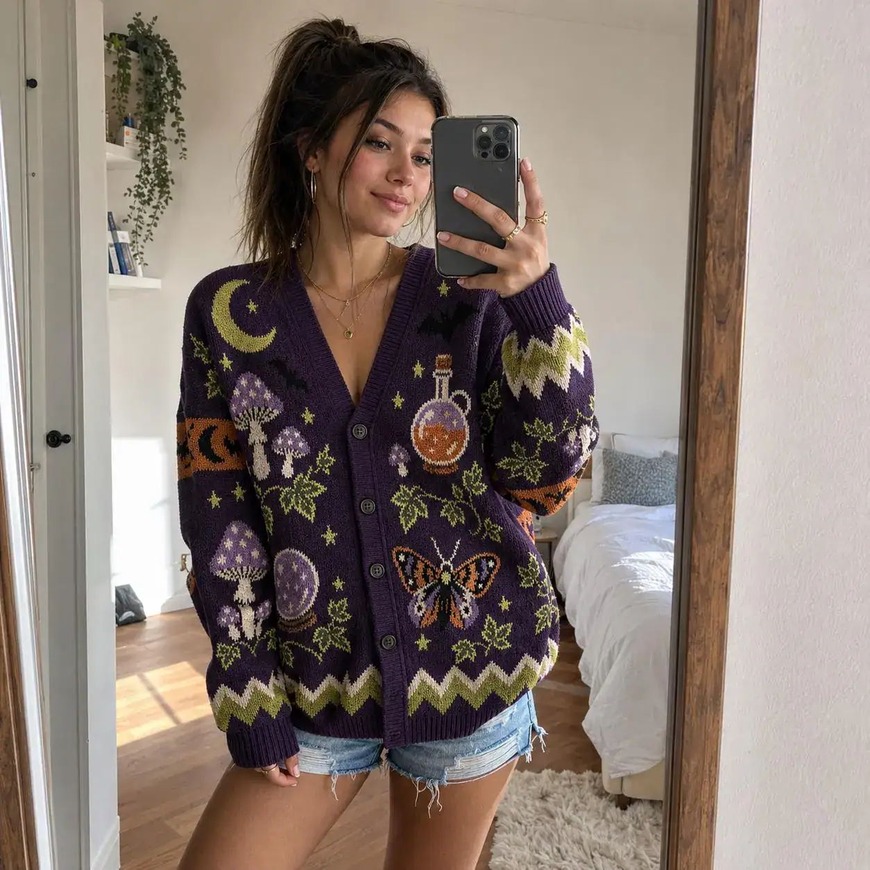 Black Cat Moon Halloween Cardigan, Purple Cauldron Mushroom Knit Sweater, Gothic Witchy Cozy Spooky Season Outfit