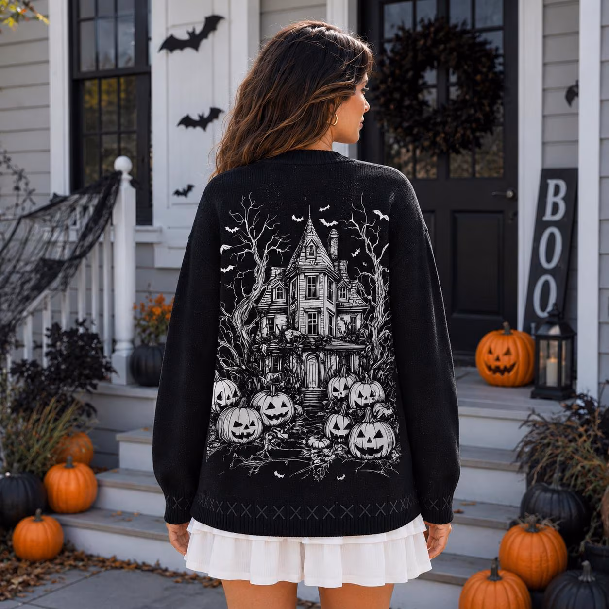 Vintage Haunted House Cardigan, DN Halloween Print Sweater, DN Halloween Trip Shirt, Halloween Outfits, DN Spooky Season Shirt - Image 3