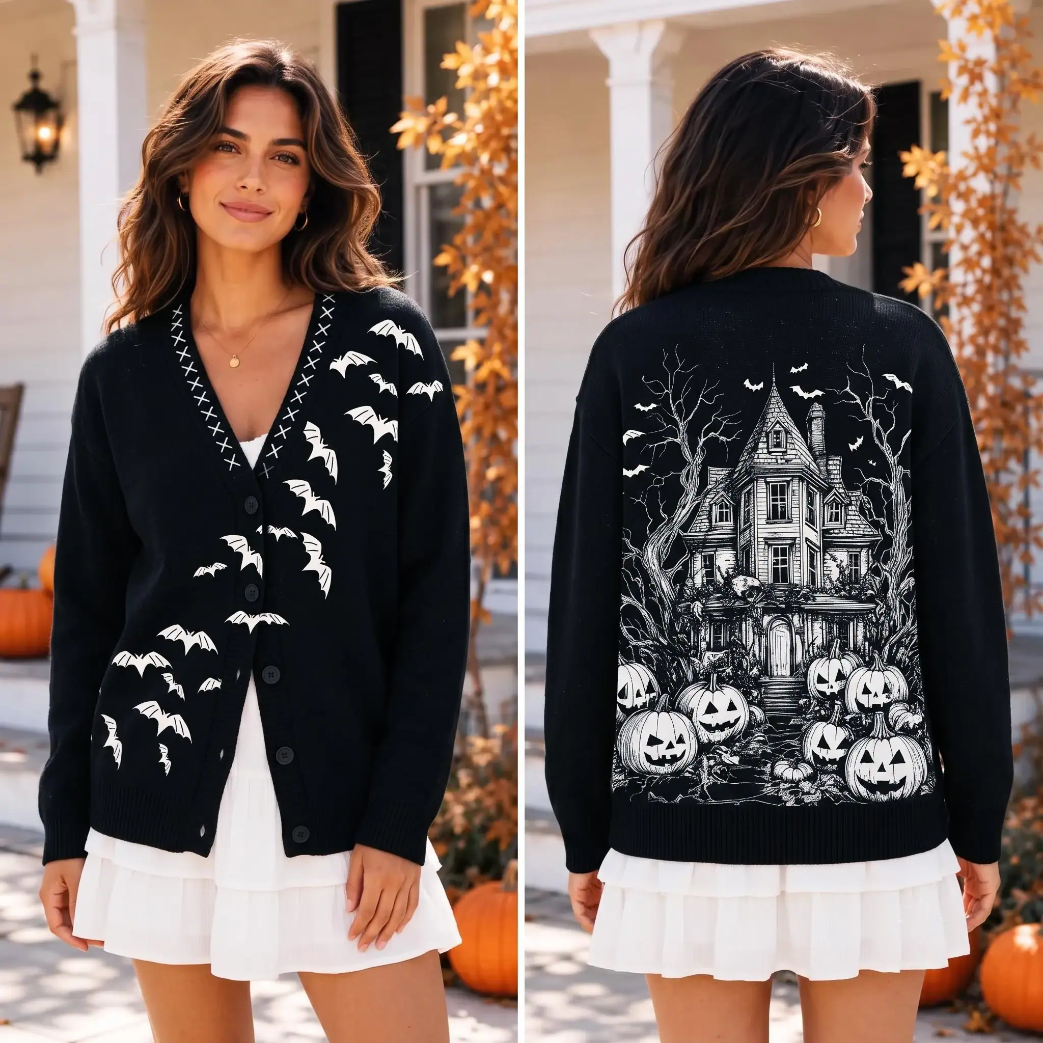 Vintage Haunted House Cardigan, DN Halloween Print Sweater, DN Halloween Trip Shirt, Halloween Outfits, DN Spooky Season Shirt