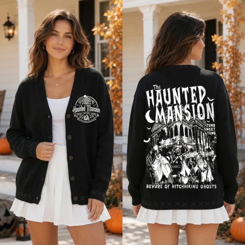 Vintage The Haunted Mansion Cardigan, DN Spooky Season Print Sweater, Madam Leota Hitchhiking Ghosts, Halloween Gothic Family Shirts