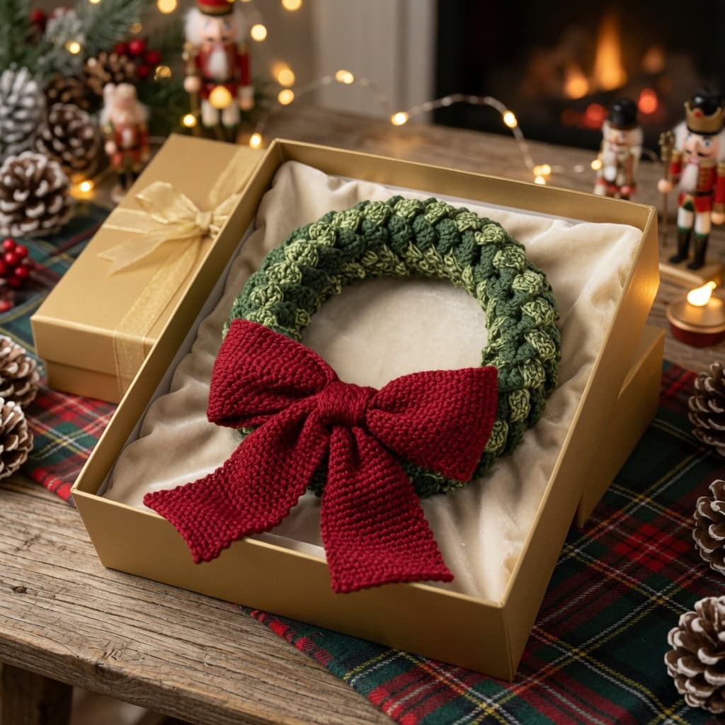 image (43) Handmade Crochet Christmas Wreath with Big Red Bow, Green Chunky Knit Door Wreath, Festive Holiday Wall Hanging Decor, Xmas Gift Box - Image 1