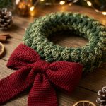 Handmade Crochet Christmas Wreath with Big Red Bow, Green Chunky Knit Door Wreath, Festive Holiday Wall Hanging Decor, Xmas Gift Box - Image 2