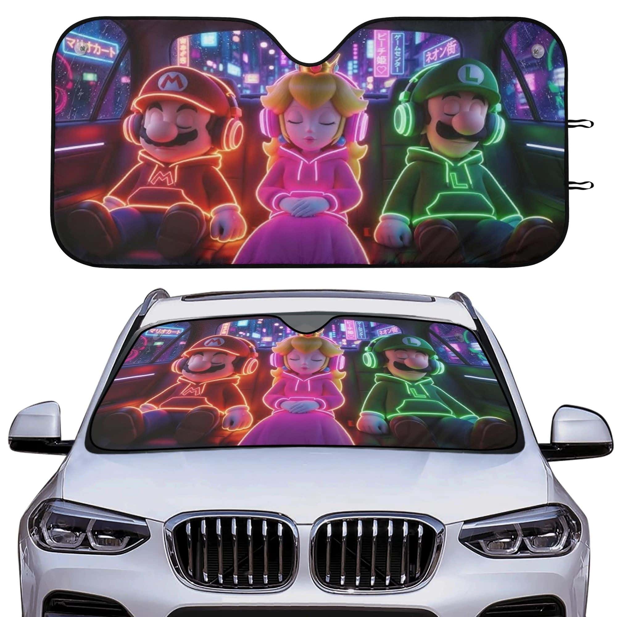 Cyberpunk Mario Peach & Luigi Car Sun Shade Gaming Windshield UV Protector