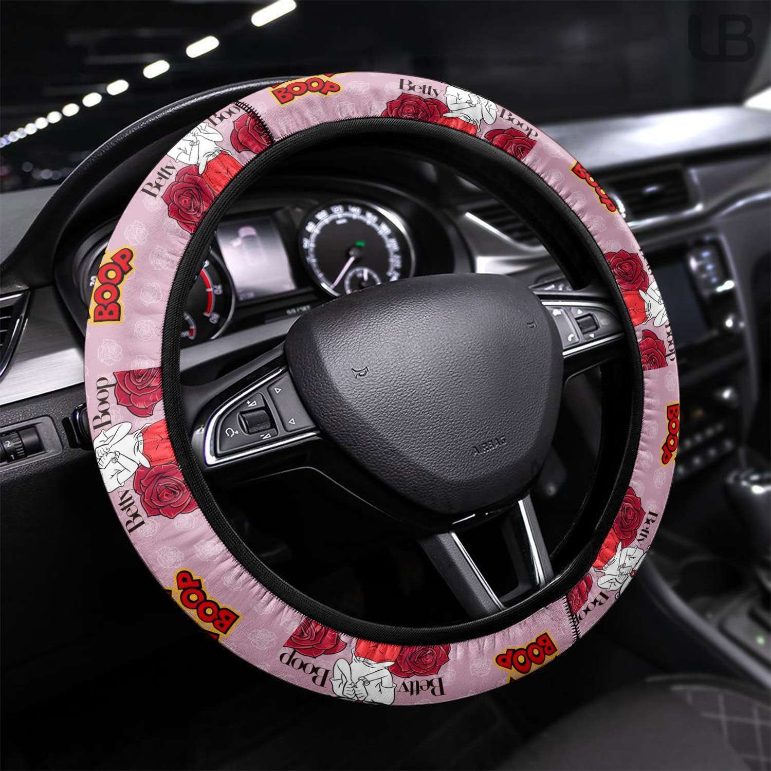 Betty Boop Steering Wheel Cover Pink Rose Floral Pattern Universal Car Accessories