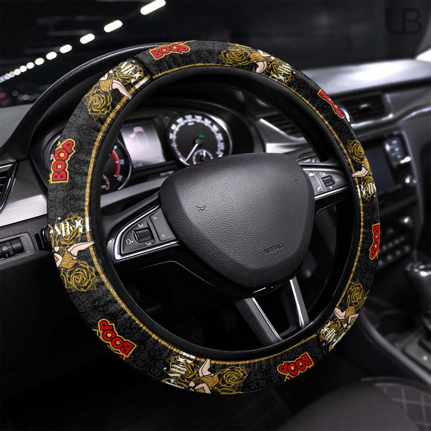 Betty Boop Steering Wheel Cover Luxury Black Gold Pattern Universal Car Accessory