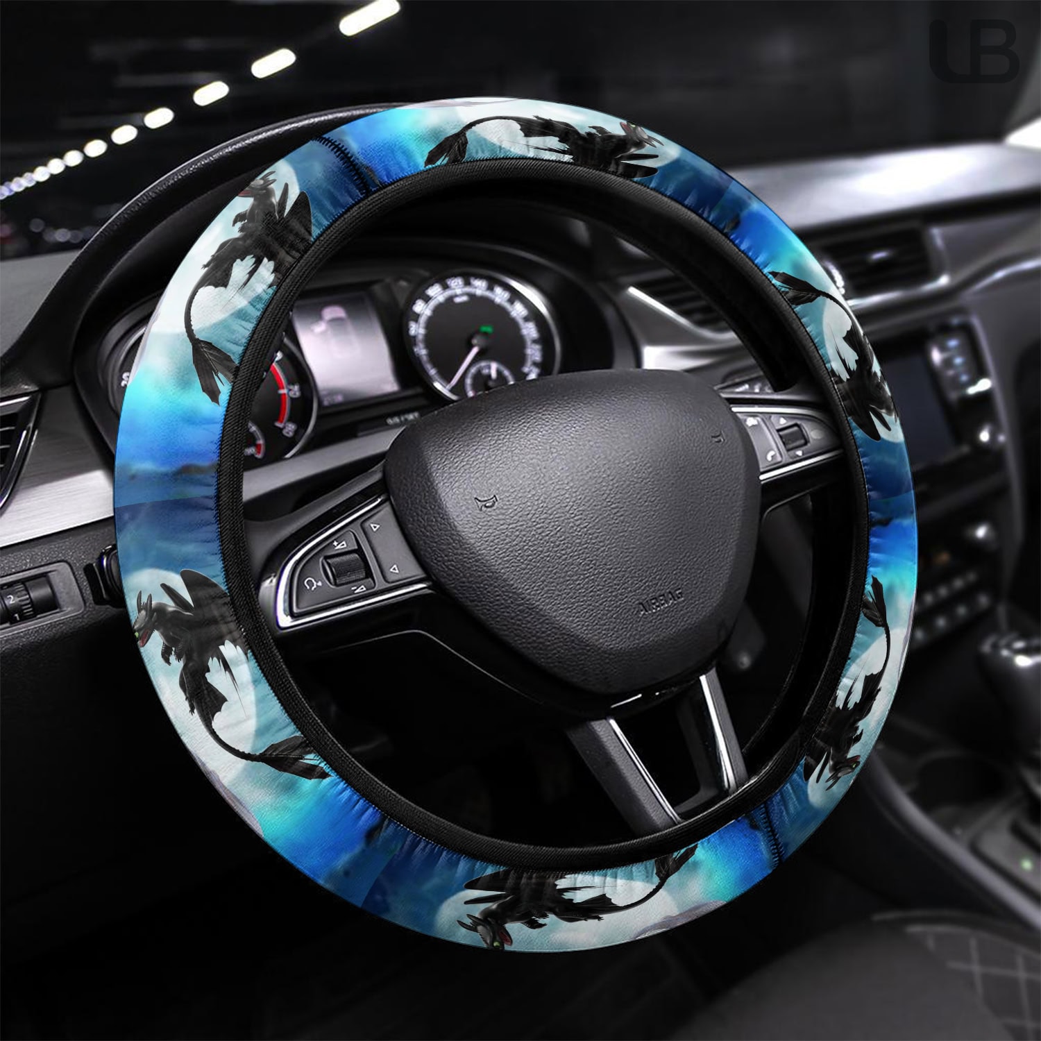 Universal Steering Wheel Cover, Blue Moon Fantasy Dragon Pattern, 15 Inch Auto Accessory