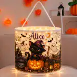 Black Cat Witch Halloween Candy Basket with LED Light Treat Bag For Kids