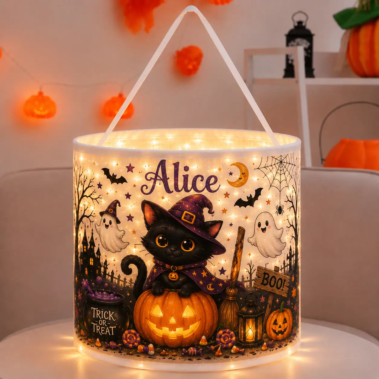 Black Cat Witch Halloween Candy Basket with LED Light Treat Bag For Kids 1 Black Cat Witch Halloween Candy Basket with LED Light Treat Bag For Kids - Image 1