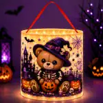 Skeleton Teddy Bear CuteHalloween Candy Basket with LED Light Treat Bag For Kids