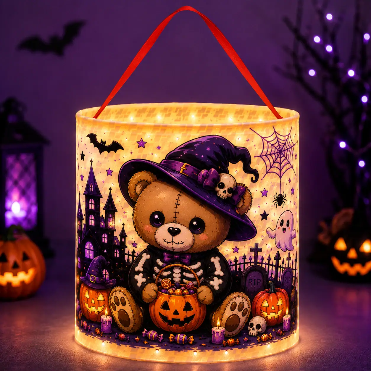 Skeleton Teddy Bear CuteHalloween Candy Basket with LED Light Treat Bag For Kids 1 Skeleton Teddy Bear CuteHalloween Candy Basket with LED Light Treat Bag For Kids - Image 1