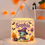 Custom Name Baby Dinosaur Halloween Candy Basket with LED Light Treat Bag Kids
