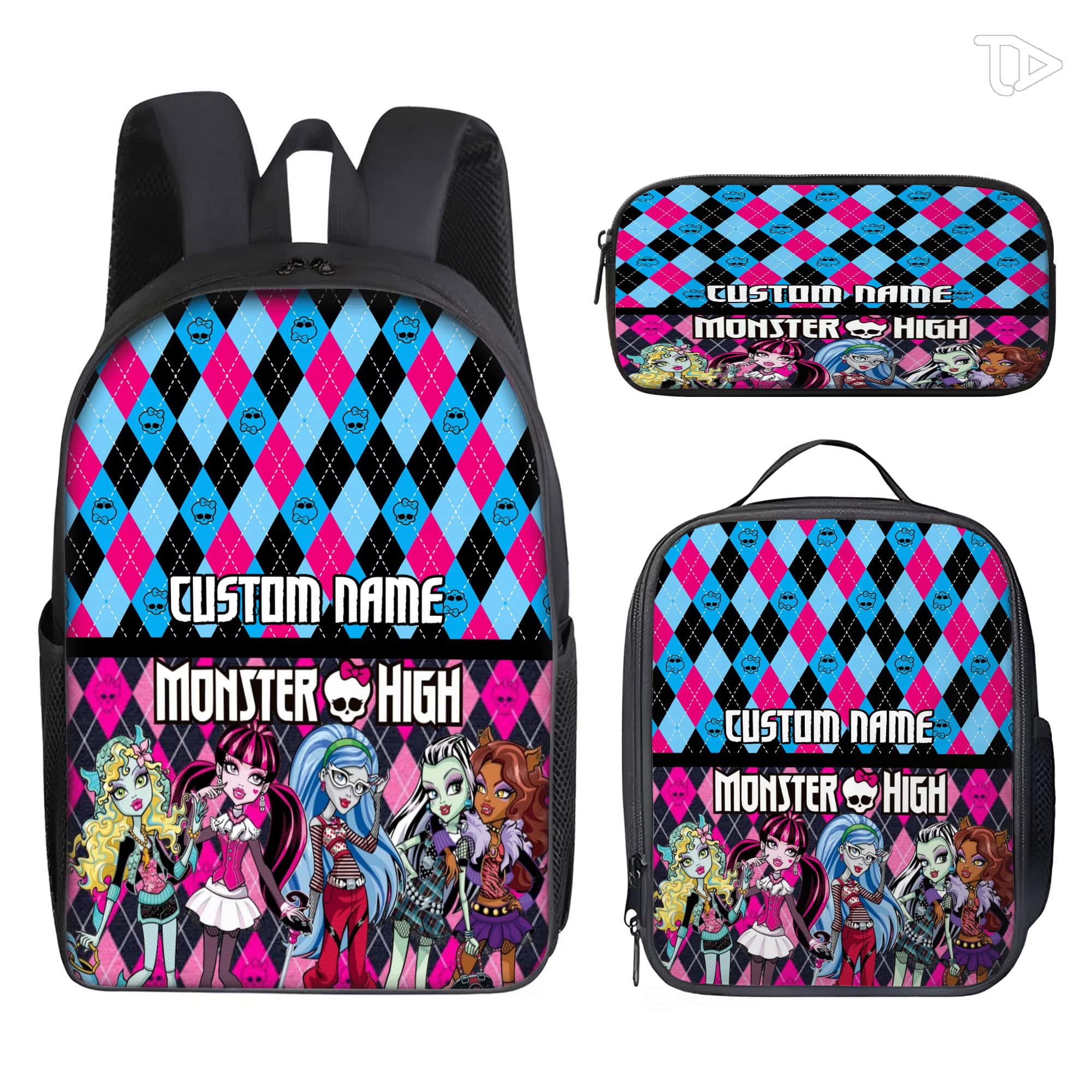 - Custom Name Argyle Monster Doll Backpack Set 3 Pcs, Spooky Cute Pink Blue School Bag with Lunch Box Pencil Case, Personalized Gothic Kids Boo