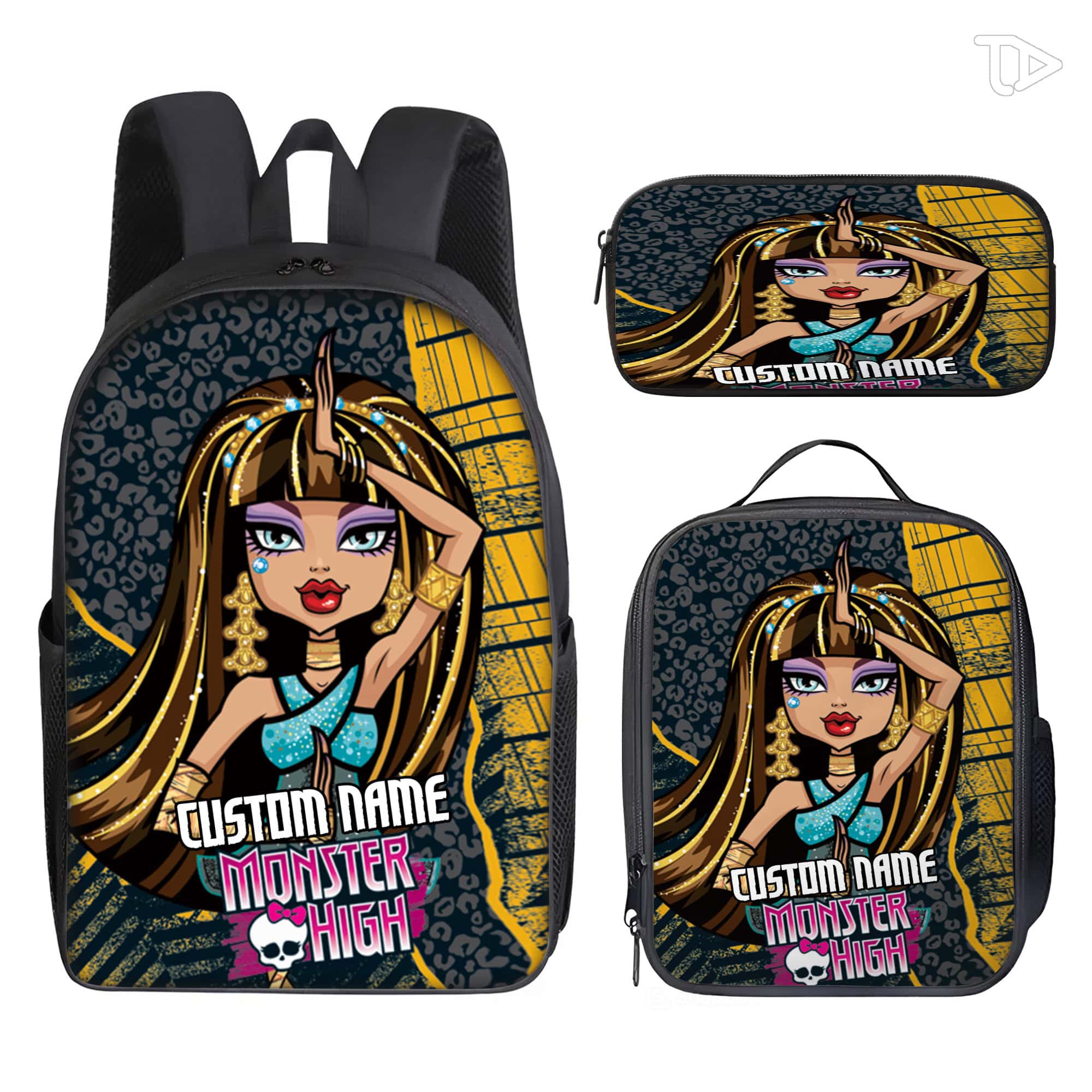 Custom Name Egyptian Princess Backpack Set 3 Pcs, Gold Teal Monster Doll School Bag with Lunch Box Pencil Case, Personalized Egyptian Glam Ki