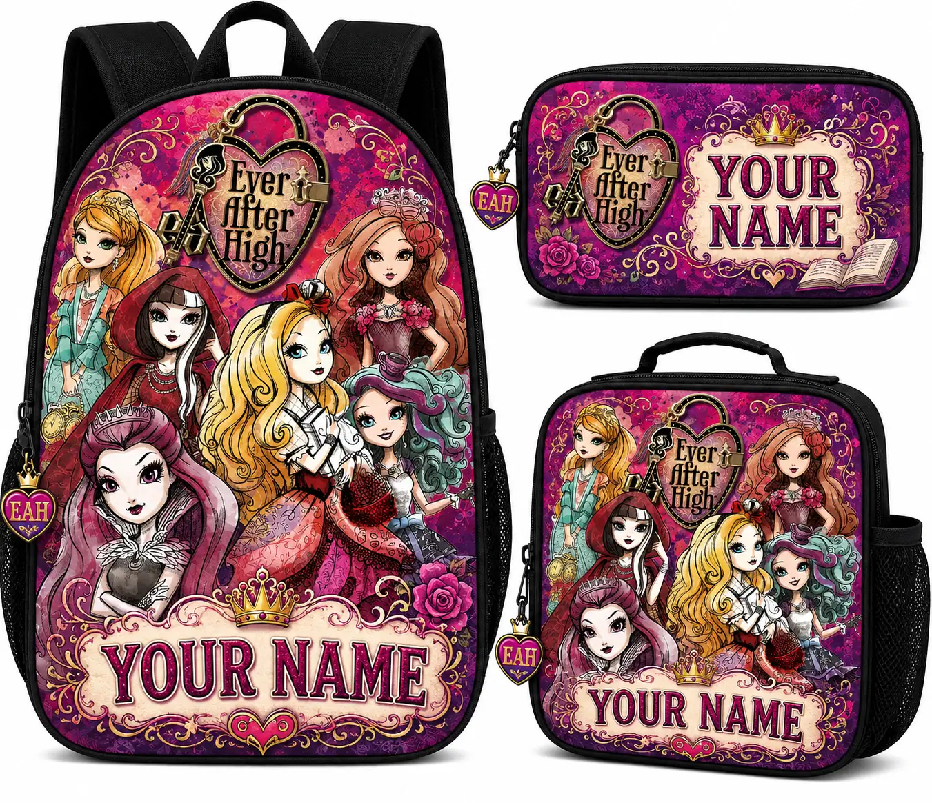Personalized Ever After High Backpack Set, Custom Name School Bag, Lunch Bag & Pencil Case