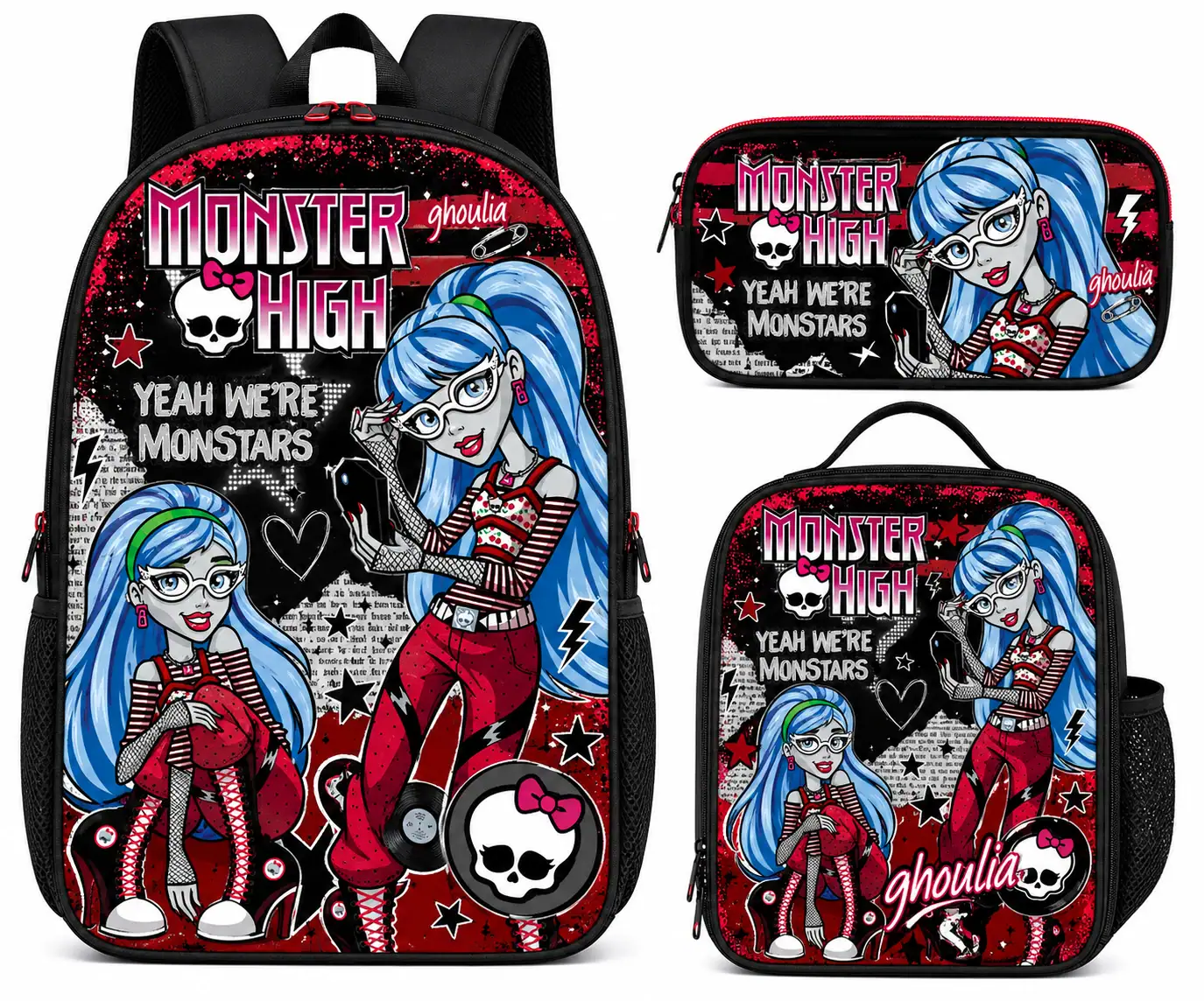 Personalized Red Monster High Theme Backpack Set, Custom Name School Bag