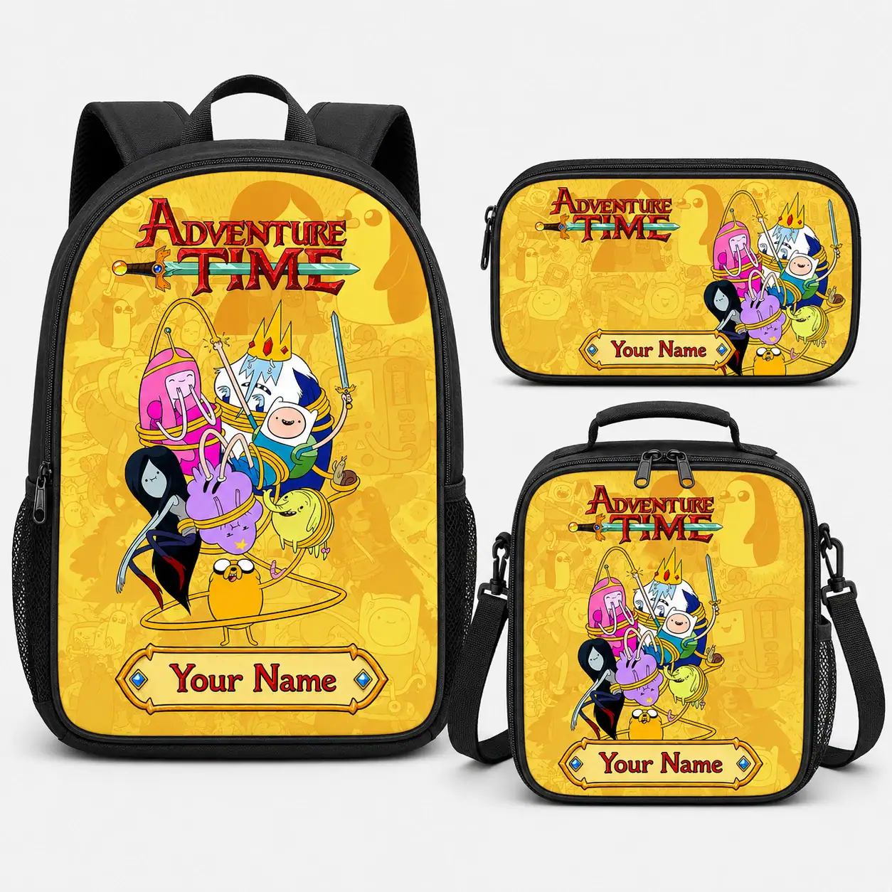 Personalized Adventure Time Backpack Set, Custom Name School Bag, Lunch Bag & Pencil Case