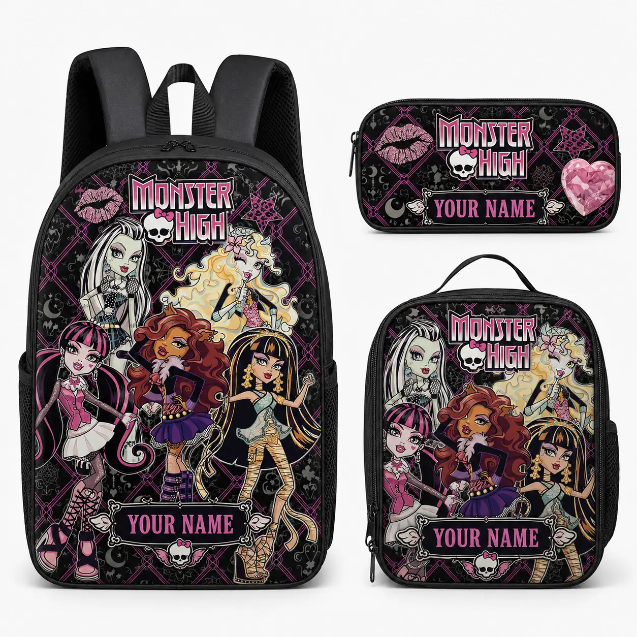 Custom Name Monster-High Set, Lunch Bag, Pencil Caseil Case, Backpack Gift Kids Y2KDoll
