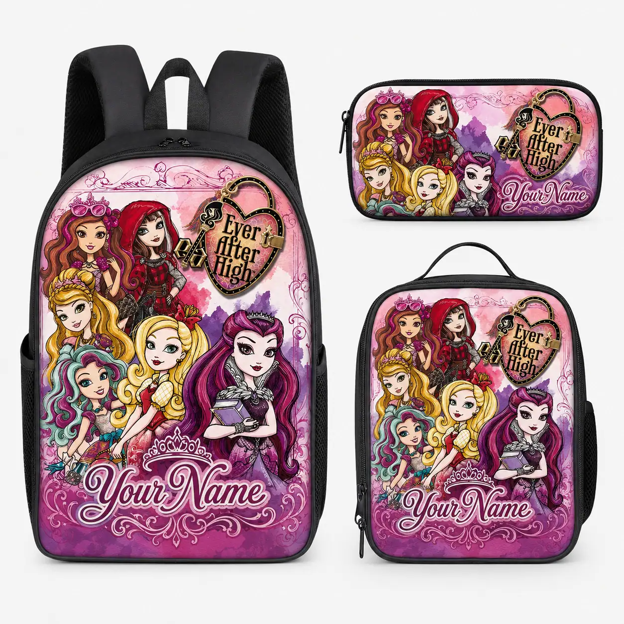 Personalized Ever After High Backpack Set, Custom Name School Bag, Lunch Bag & Pencil Case