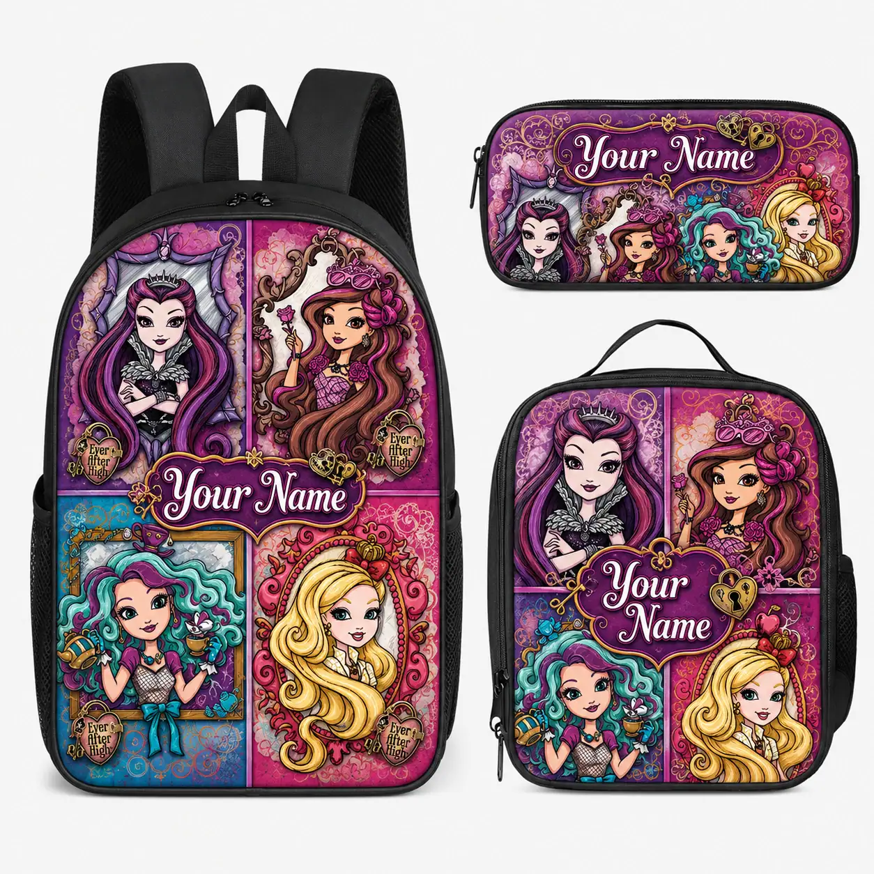 Personalized Ever After High Backpack Set, Custom Name School Bag, Lunch Bag & Pencil Case