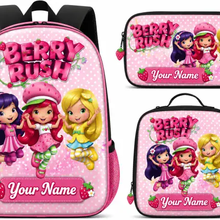 Personalized Berry Rush Theme Bag For Girl Custom Name Cartoon Set Of 3 Backpack Set, Custom Name School Bag, Lunch Bag & Pencil Case