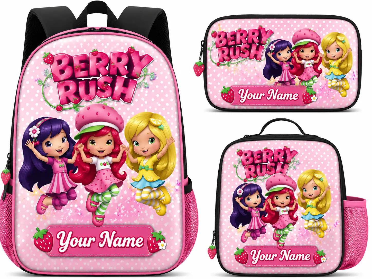 Personalized Berry Rush Theme Bag For Girl Custom Name Cartoon Set Of 3 Backpack Set, Custom Name School Bag, Lunch Bag & Pencil Case Personalized Berry Rush Theme Bag For Girl Custom Name Cartoon Set Of 3 Backpack Set, Custom Name School Bag, Lunch Bag & Pencil Case - Image 1