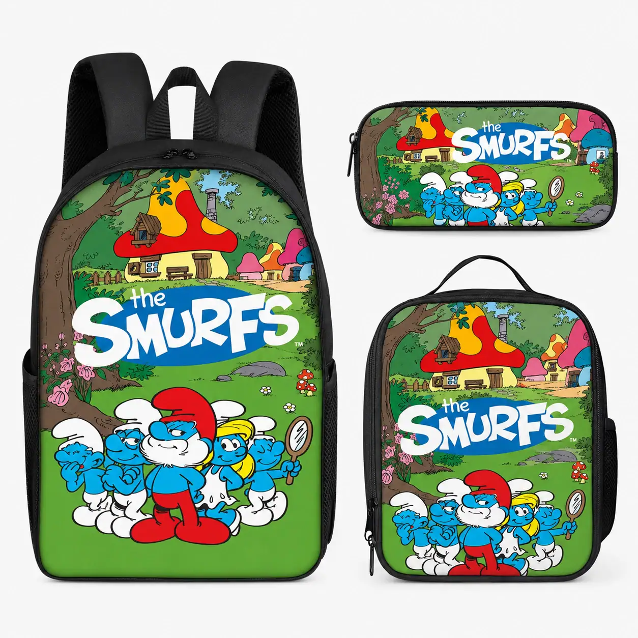 The Smurfs Backpack Set, Kids School Bag, Lunch Bag & Pencil Caseil Case, Cartoon Back
