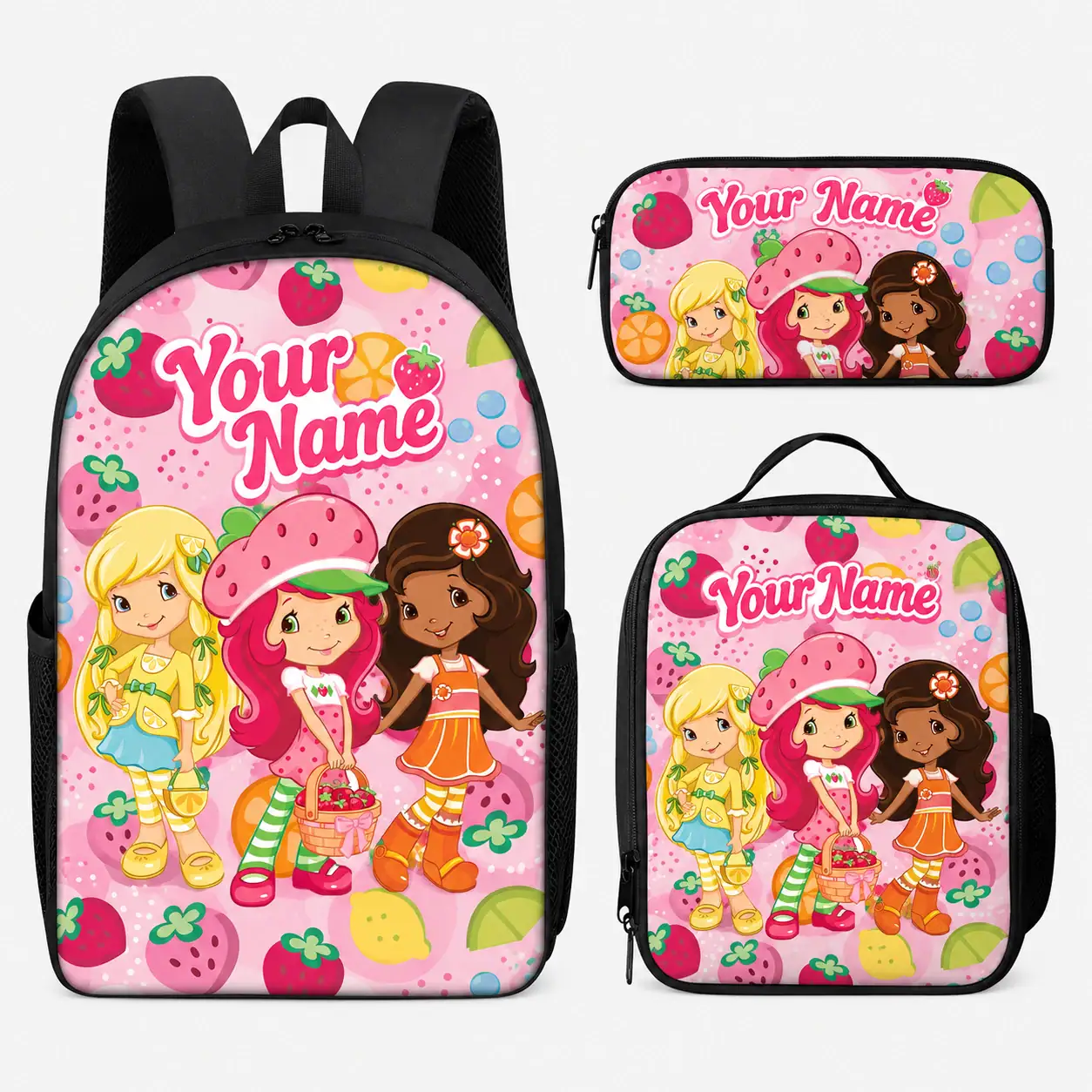 Personalized Berry Rush Theme Bag For Girl Custom Name Cartoon Set Of 3