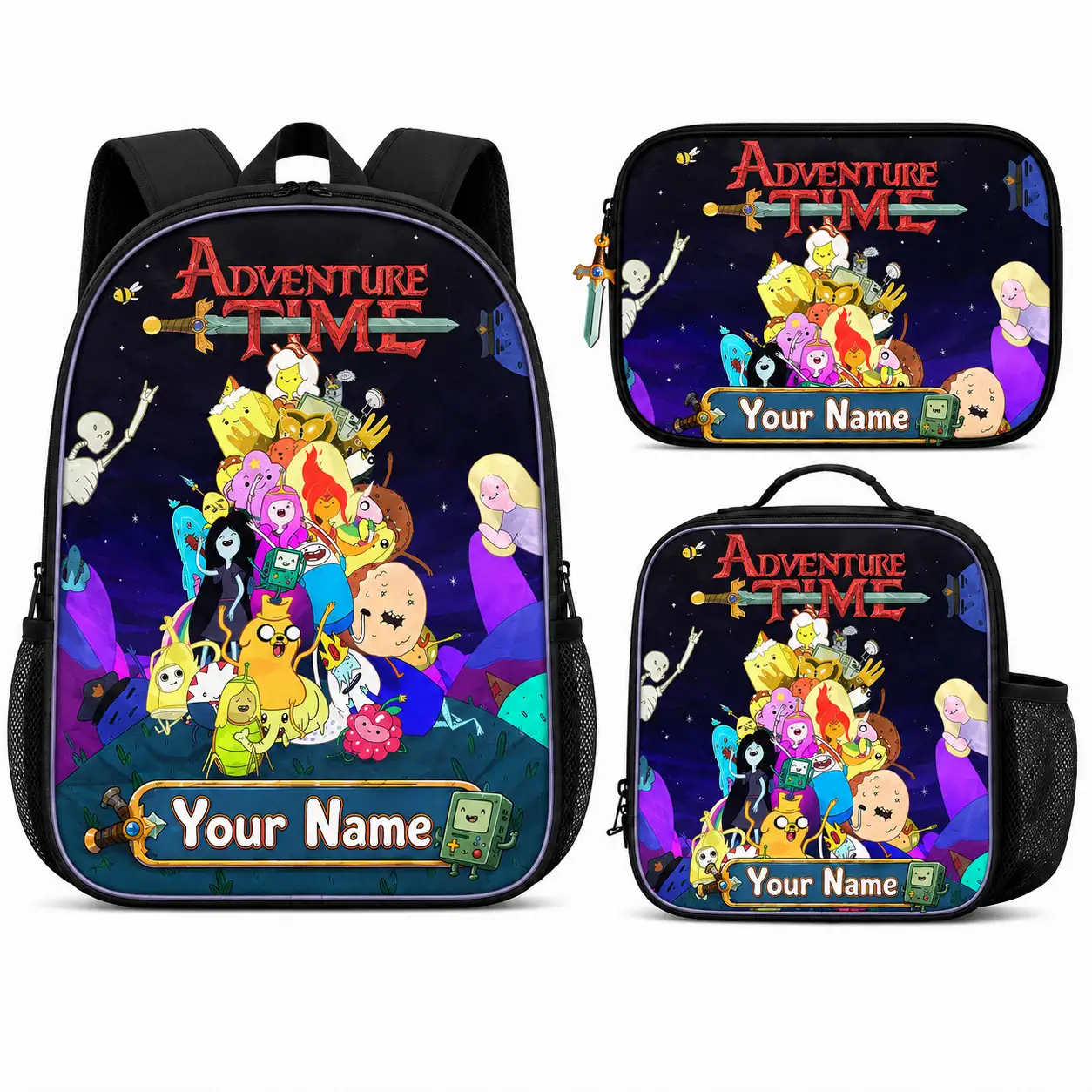 Personalized Adventure Time Backpack Set, Custom Name School Bag, Lunch Bag & Pencil Case