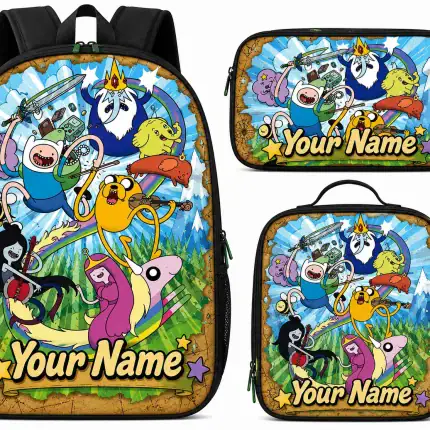 Personalized Adventure Time Backpack Set, Custom Name School Bag, Lunch Bag & Pencil Case