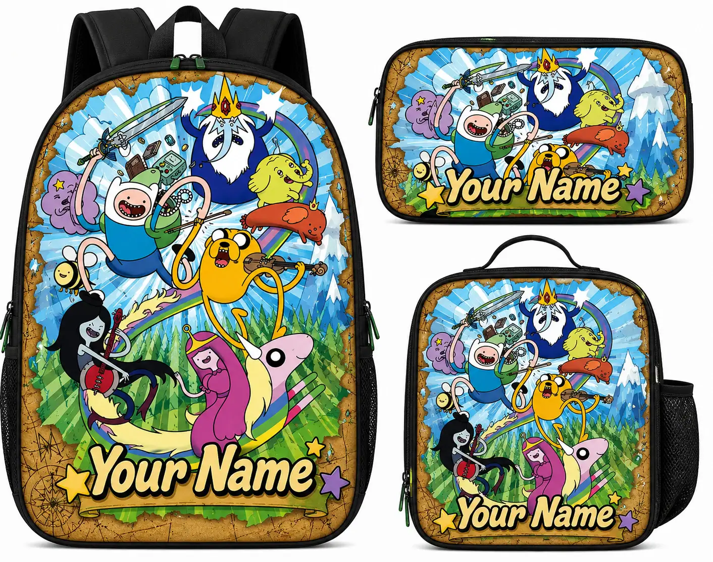 Personalized Adventure Time Backpack Set, Custom Name School Bag, Lunch Bag & Pencil Case