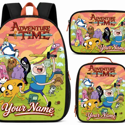 Personalized Adventure Time Backpack Set, Custom Name School Bag, Lunch Bag & Pencil Case